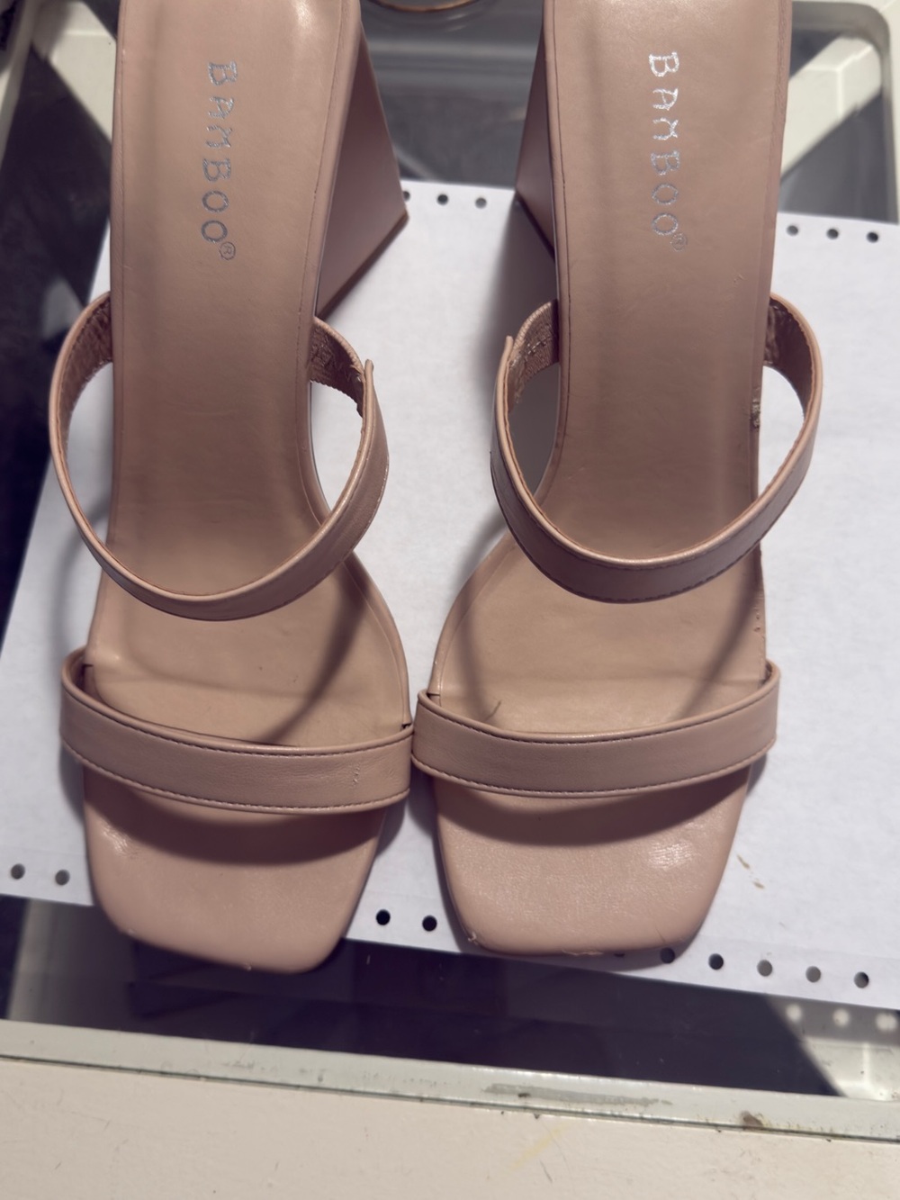 BAMBOO Nude Blush Square Toe Strappy Block Heel Sandals